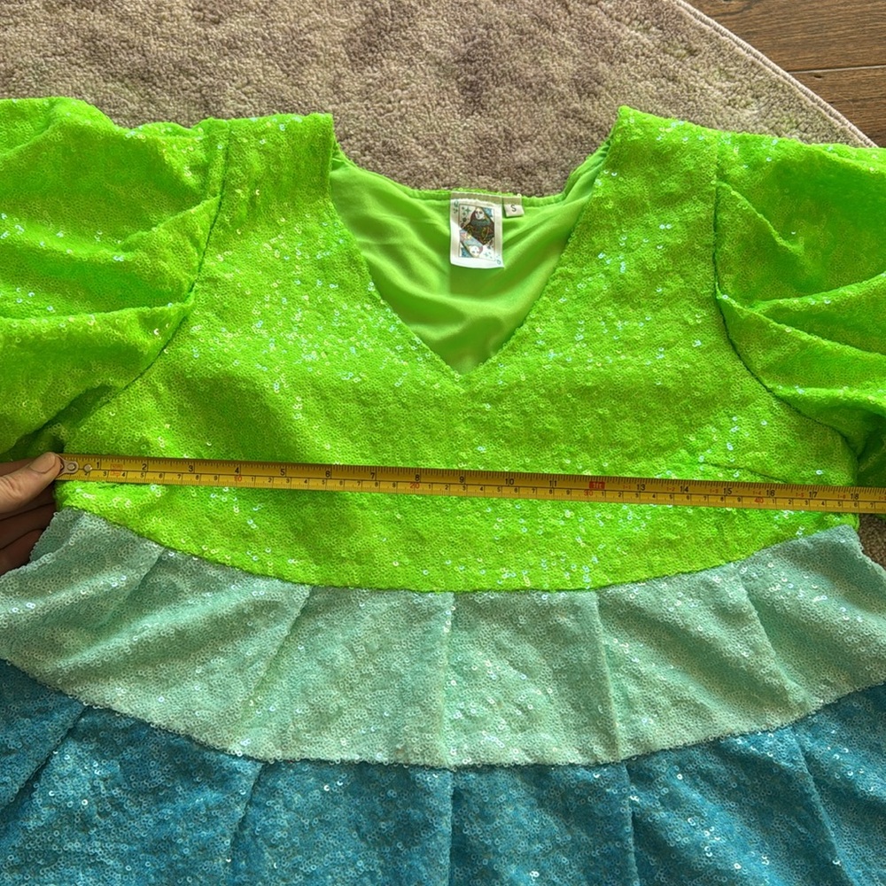 QUEEN OF SPARKLES Neon Green Aqua Blue Purple Coral Stripe Sequin Mini Dress - Picture 6 of 7